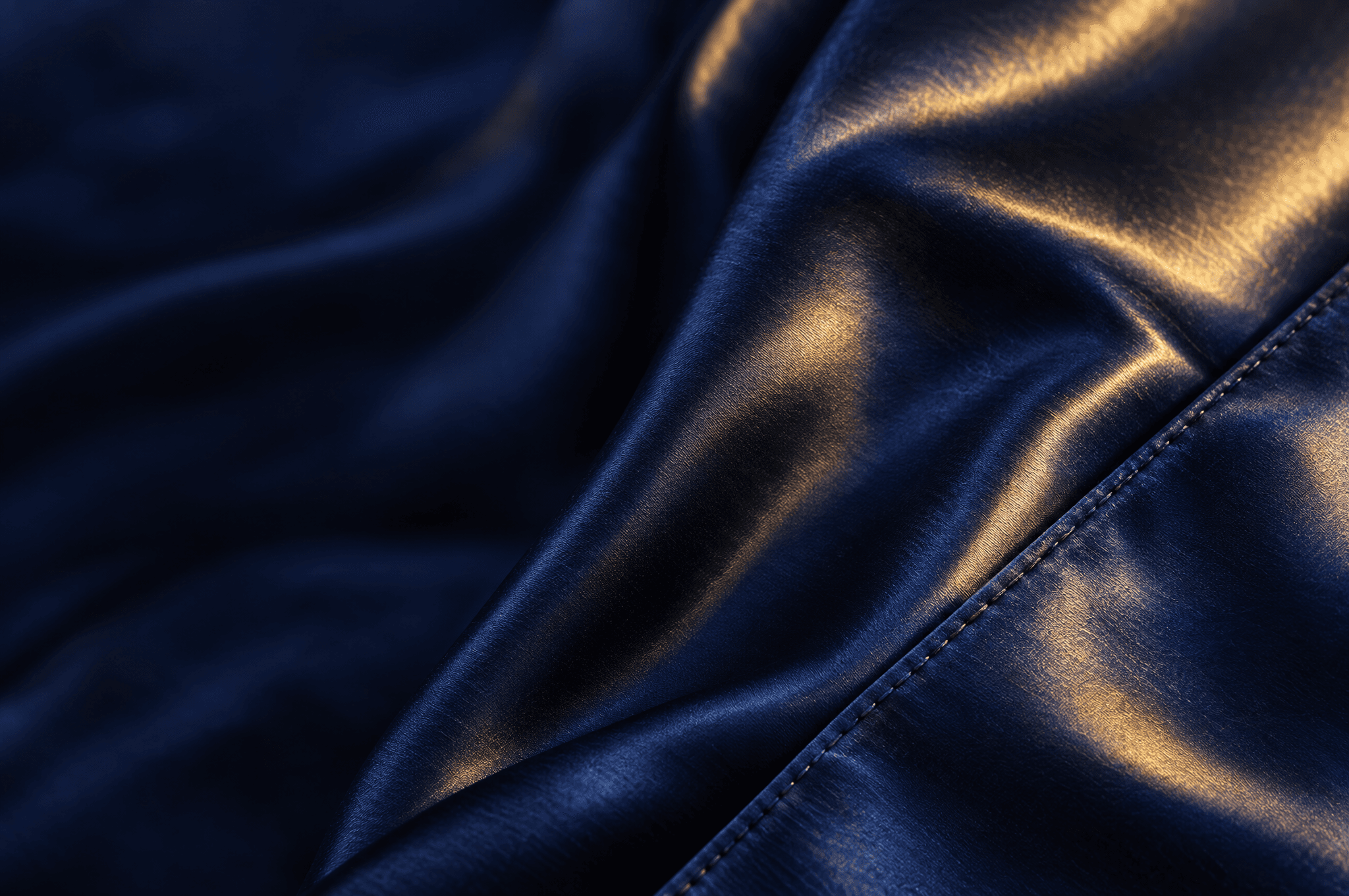 Close-up of deep blue silk folds and a stitched flange edge