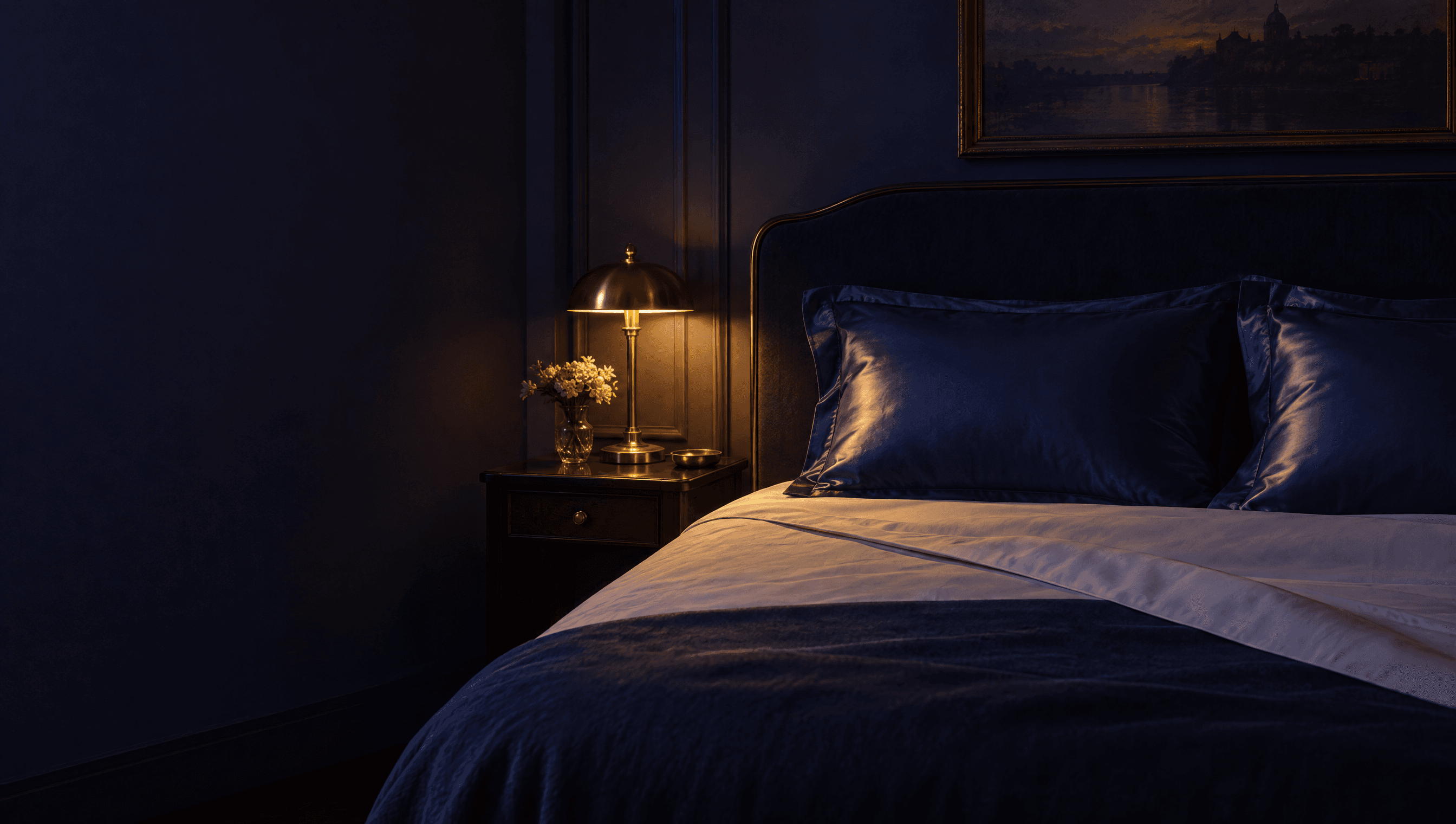 A turned-down bed with deep blue silk pillowcases in warm lamplight