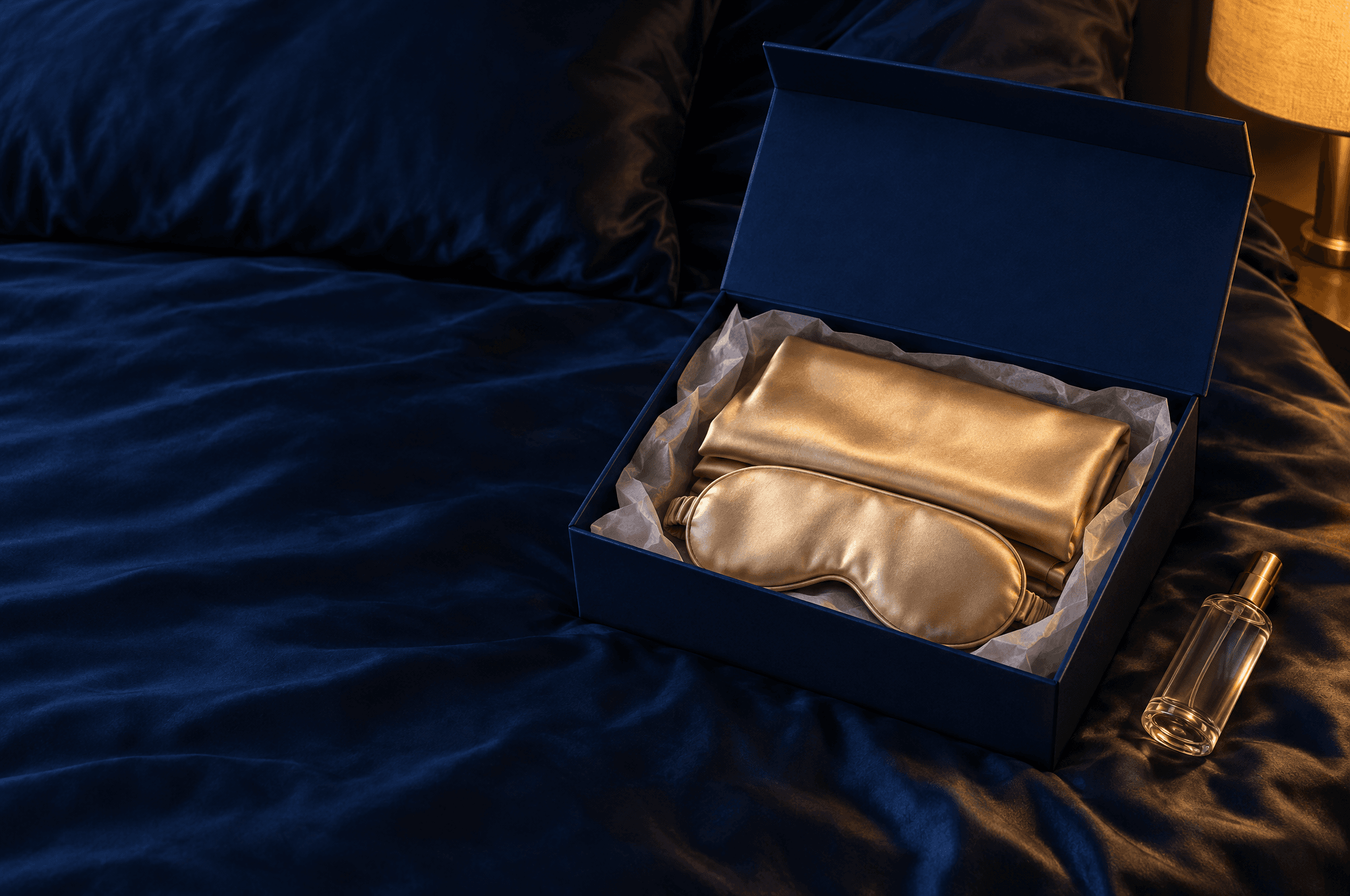 An open gift box holding folded champagne silk and an eye mask