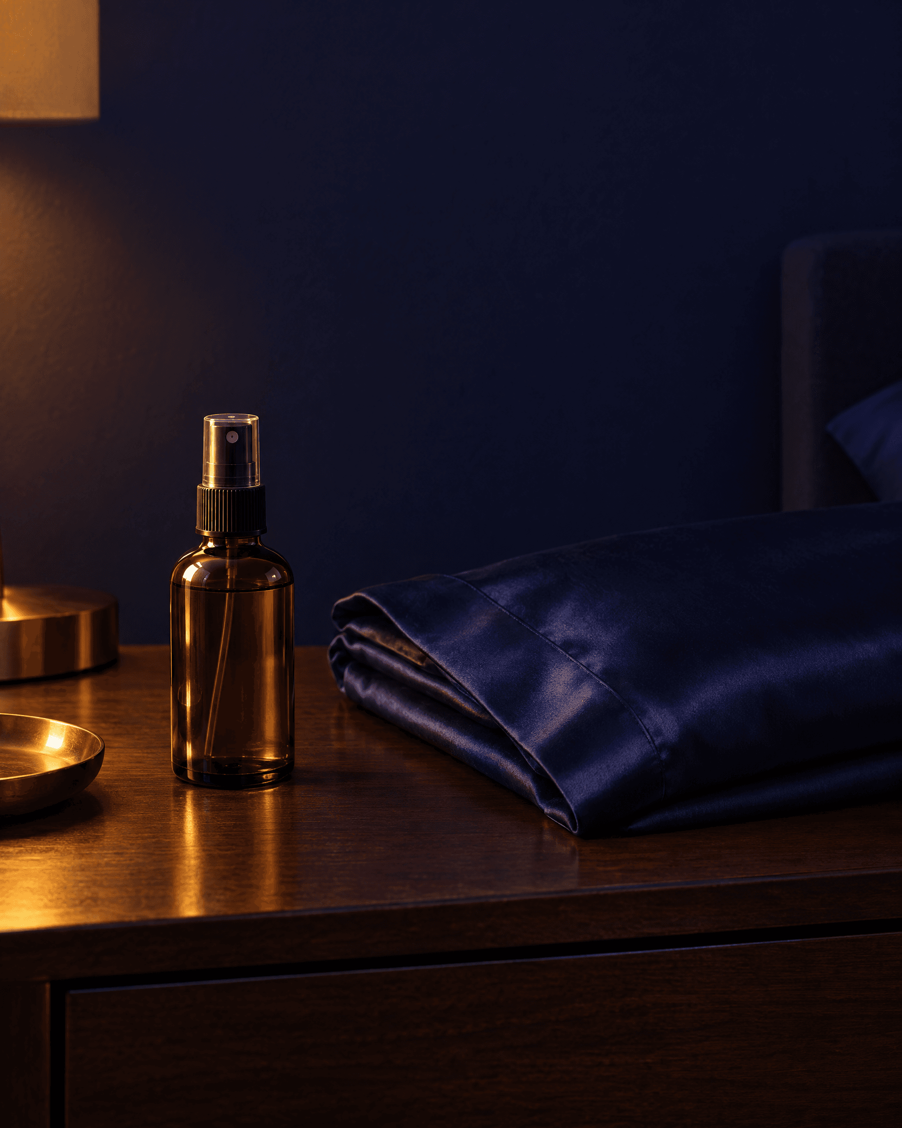 A plain glass spray bottle on a bedside table next to folded silk